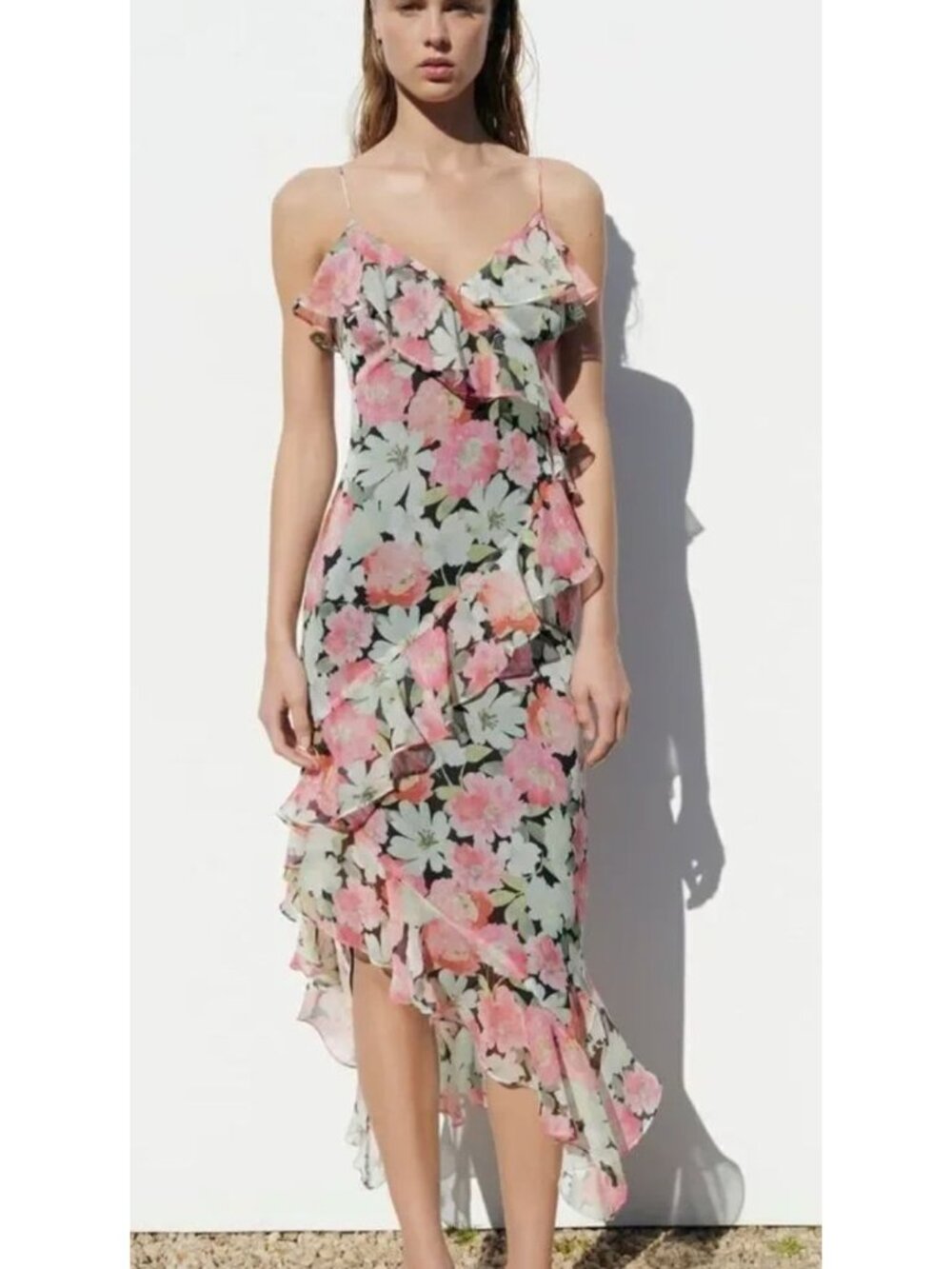 NWT ZARA RUFFLED PRINT MIDI DRESS MULTICOLORED Size Large